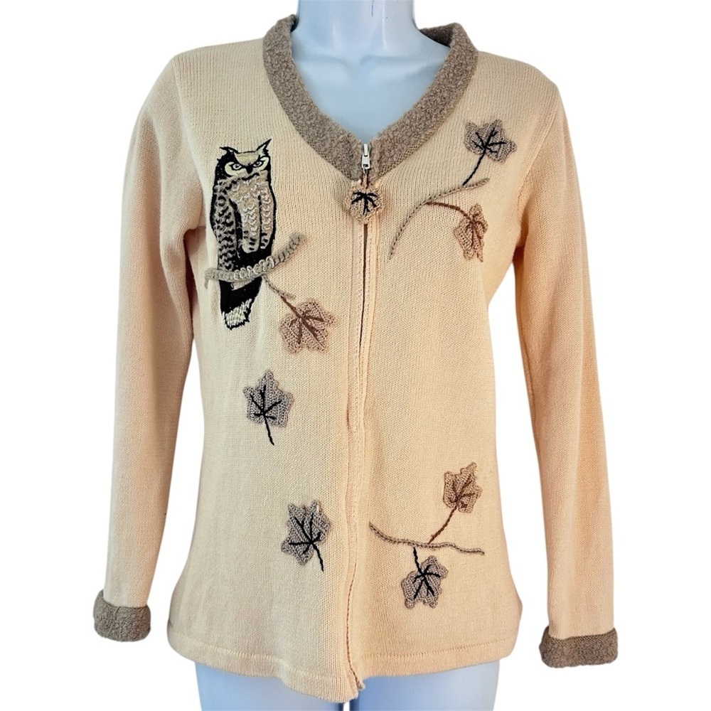 Storybook Knits Vtg Owl Embroidered Cream zip Cardigan Sweater Size XS
